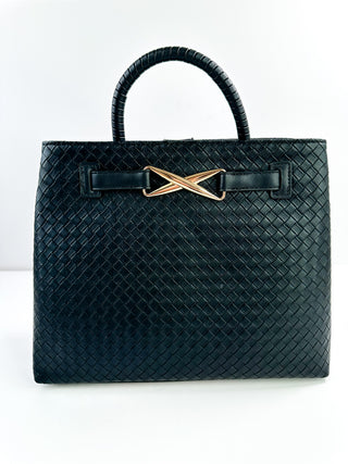 Dark woven faux leather tote bag with top handles and metal front clasp