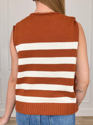 Rust orange striped knit sweater vest, sleeveless crew back, ribbed hem