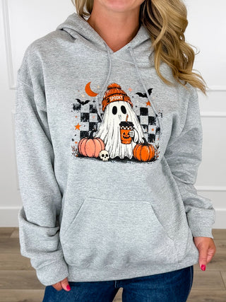 Too Cool to Spook Cotton Blend Long Sleeve Grey Avery Mae Graphic Hoodie Sweatshirt (Gildan)