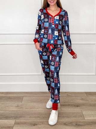 Blue patchwork pajama set with long-sleeve button-front top and matching jogger pants