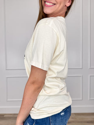Cream short-sleeve cotton tee, crew neck, side view