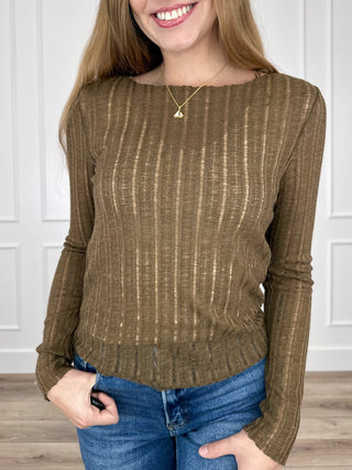 Olive-brown long-sleeve knit top with textured vertical stripes and crew neck