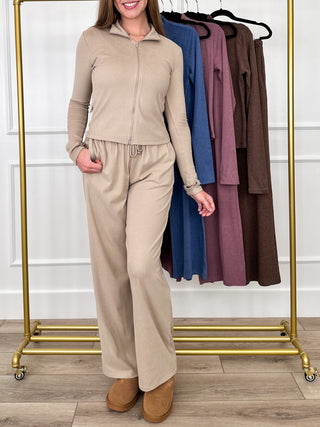 Oat high-rise lounge set with zip hoodie and drawstring jogger pants, front view