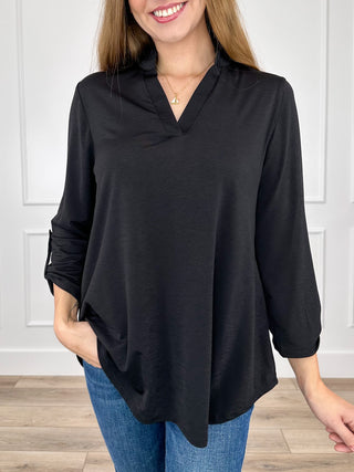 Black gabby top with V-neck and 3/4 sleeves, flowy loose fit