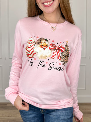 Tis the Season Cotton Long Sleeve Pink Avery Mae Graphic Tee Shirt (Bella+Canvas)
