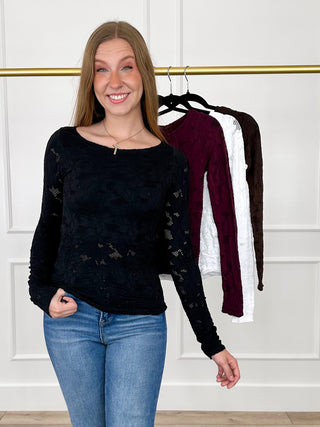 Black textured knit long sleeve top with scoop neck, front view