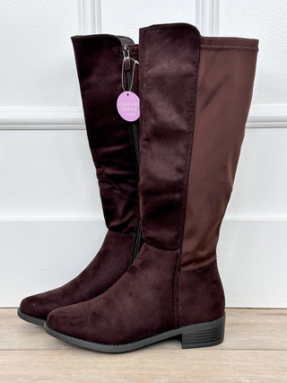 Burgundy and brown faux-suede tall boots with side zipper details and low block heels.