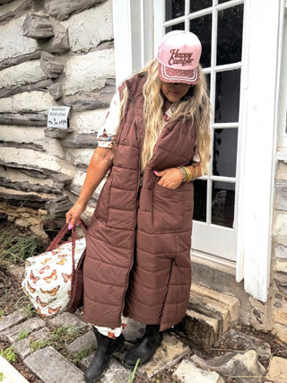 Brown hooded puffer vest, sleeveless quilted vest with large front pockets
