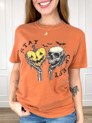 Stay Creepy Cotton Short Sleeve Orange Avery Mae Graphic Tee Shirt (Comfort Colors)