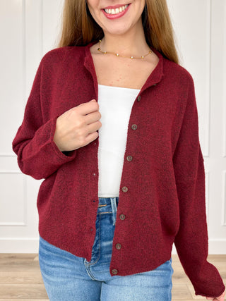 Wine red knit long-sleeve button cardigan, V-neck, chest buttons