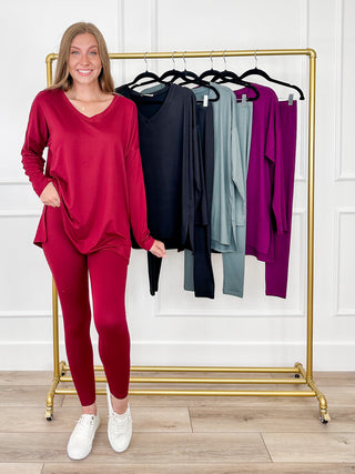 High-rise cropped leggings set in wine red, front view tunic top and fitted leggings