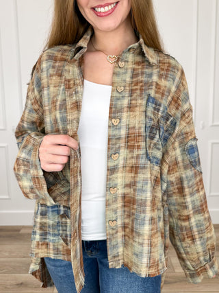 Plaid long-sleeve button-up shirt with point collar, brown and blue knit