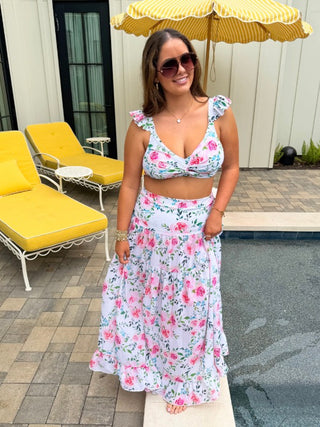Floral print swim crop top with ruffled straps and tiered maxi skirt