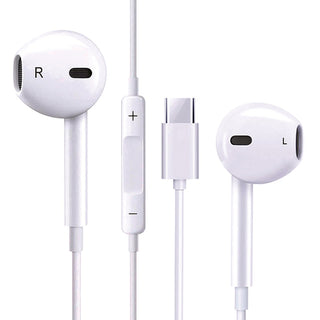 White USB-C wired earbuds with L/R markers, inline volume control (+/-) and USB-C plug