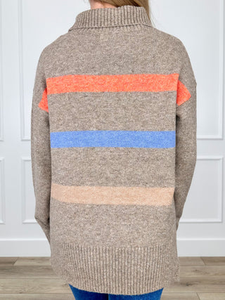 Brown knit long-sleeve sweater back view with striped yoke and ribbed hem