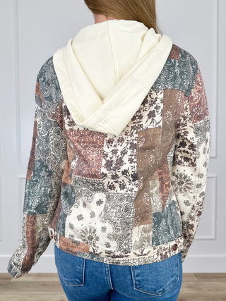 Patchwork hooded denim jacket with draped hood, long sleeves, multicolor print patchwork