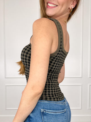 Olive green checkered sleeveless cropped tank top, side view