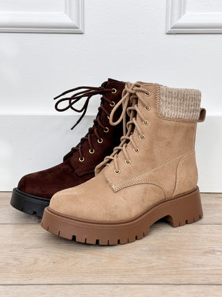 Faux suede lace-up ankle boot, tan and brown, chunky tread sole