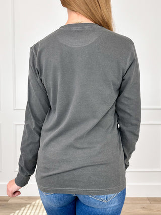 Grey long-sleeve cotton tee, plain back with curved hem and crew neck