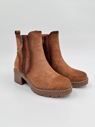 Mocha faux suede ankle booties with stacked heel and side gore