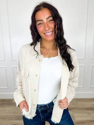 I Need Something Long Sleeve Oatmeal Avery Mae Button Up Top