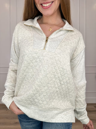 Light heather gray cotton-blend quarter-zip long-sleeve top with half zip