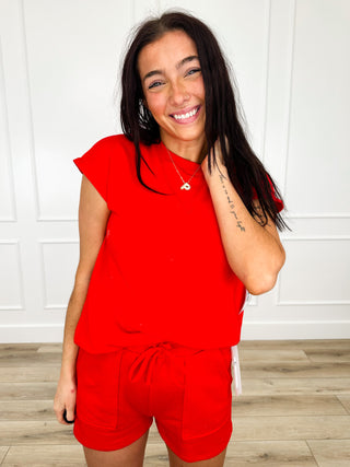 Red cotton blend short set with crew neck top and high-rise elastic drawstring shorts