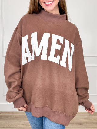 Brown mock-neck long-sleeve sweatshirt with large white "AMEN" front graphic