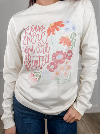 Where You're Planted Cotton Long Sleeve Cream Avery Mae Graphic Tee Shirt