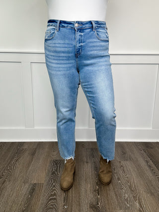 Flying Monkey Vervet Destiny Distressed Mid Rise Frey Hem Cropped Straight Leg Light Wash Blue Jeans