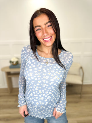 Hem & Thread Daisies For Days Sheer Mesh Long Sleeve Blue Top