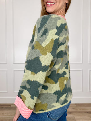 Camo knit sweater top with 3/4 sleeves and pink striped cuffs, side view