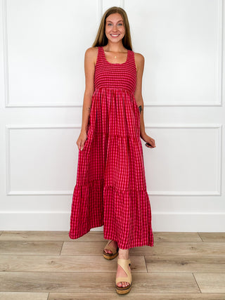 Pink gingham rayon-blend sleeveless maxi dress with scoop neck and tiered skirt