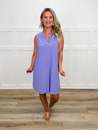 Dear Scarlett lightweight Gabby dress in lavender, sleeveless V-neck, relaxed shift silhouette.