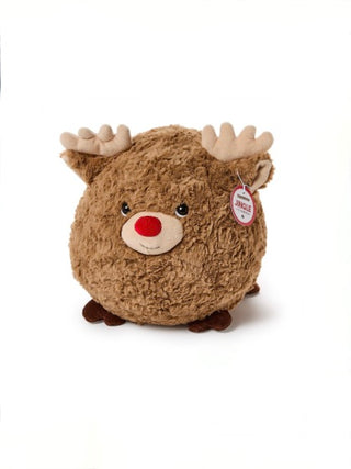 Brown plush reindeer with antlers and red nose, round snout and soft curly fur