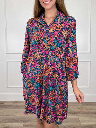 Teal and magenta paisley-pattern gabby dress with 3/4 sleeves