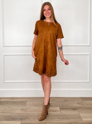 Cognac faux suede shift dress with short sleeves, heart neckline, embroidered above-knee hem