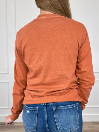 Orange long-sleeve cotton tee, plain back view