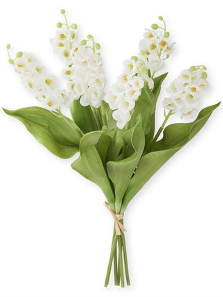 White floral decor bouquet with green leaves, tied stem bundle