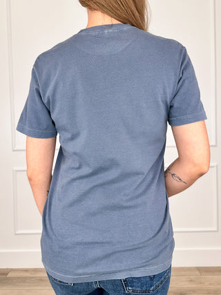 Women’s blue cotton short-sleeve crew tee, plain back view