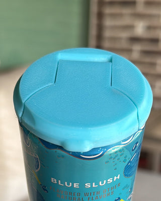 Blue Slush can lid with textured round top and side grips
