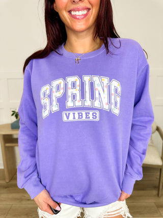 Spring Vibes are Happening Cotton Blend Long Sleeve Purple Avery Mae Graphic Crewneck Sweatshirt