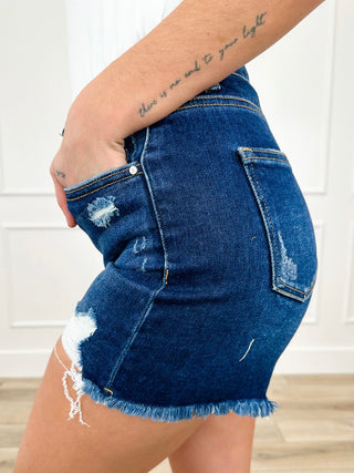 Risen Kimber High-Rise Denim Shorts - Dark Wash (Distressed, Fray Hem)