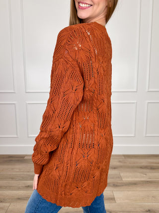 Rust orange knit long-sleeve cardigan, textured knit back with diamond lattice design