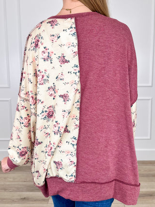 Berry back knit long-sleeve top with cream floral front panel