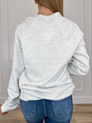 Grey long-sleeve crewneck sweatshirt, back view