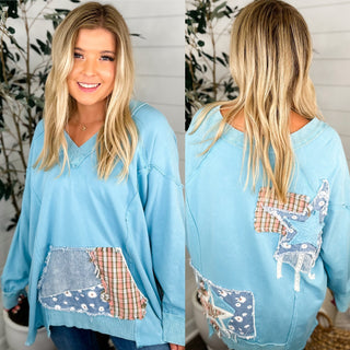 Going Without You Cotton Blend Long Sleeve Blue Avery Mae Top