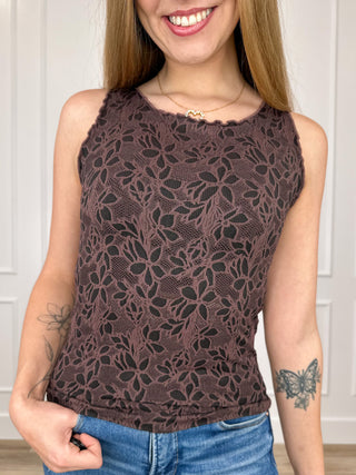 Knit tank top with floral lace knit pattern, dark plum-brown sleeveless crew neck