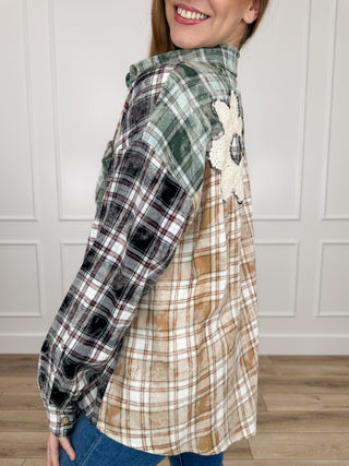 Plaid cotton-blend button-up long-sleeve shirt with white floral applique, multi-color