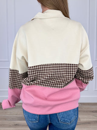 Long-sleeve quarter-zip top with back yoke in black/white gingham and pink lower body